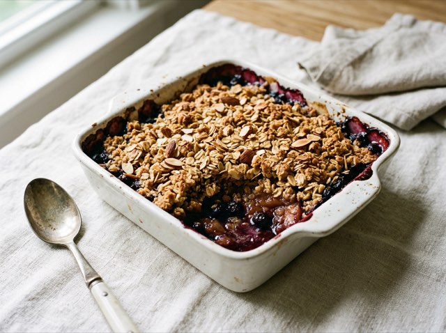 Golden oat streusel baked over warm bubbling apples and deep purple blueberries in a white square ceramic baking dish.