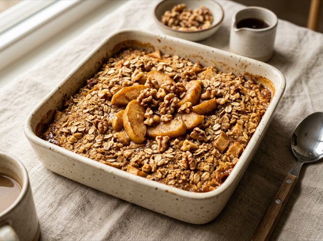 Golden brown baked apple cinnamon oatmeal in a ceramic casserole dish, topped with diced apples and chopped walnuts.