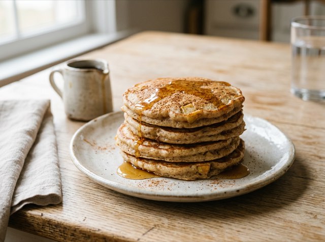 A stack of golden-brown cassava flour pancakes dotted with diced apples and dusted lightly with ground cinnamon.