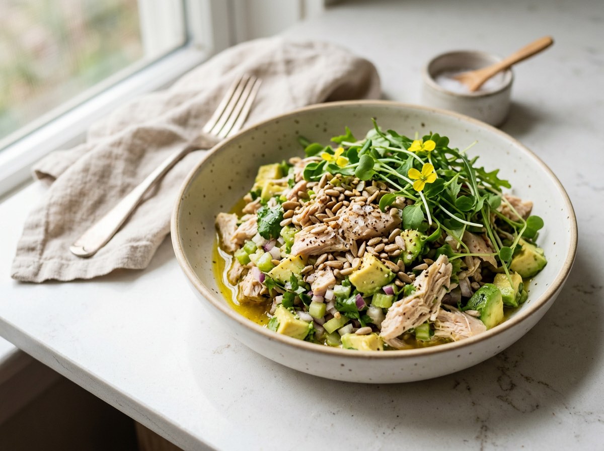 Shredded chicken salad tossed with avocado oil, microgreens, and sunflower seeds in a ceramic bowl.