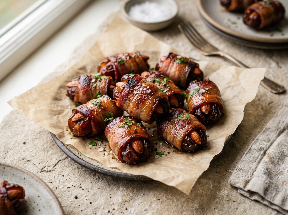 Warm almond-stuffed Medjool dates glazed with smoky spices and roasted until caramelized on parchment paper.