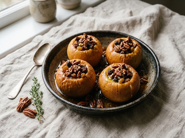Baked whole Gala apples stuffed with chopped dried figs and pecans, glistening with honey ghee in a ceramic dish.