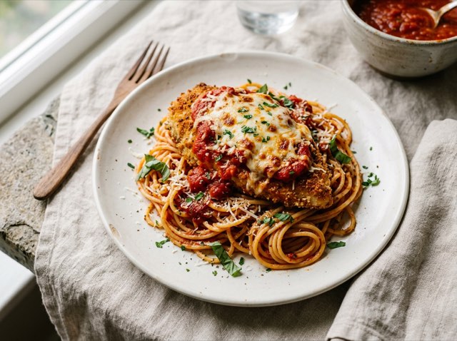Golden baked chicken parmesan topped with melted mozzarella and marinara, served over a swirl of spaghetti.