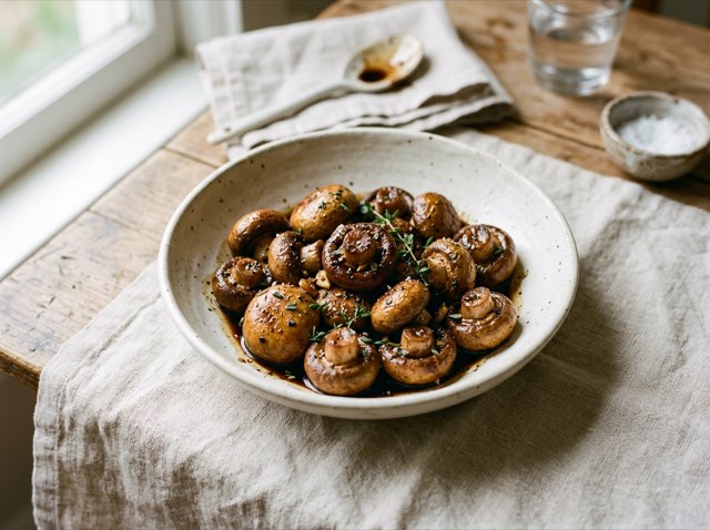 Glossy roasted mushrooms coated in dark balsamic glaze on an off-white ceramic dish.