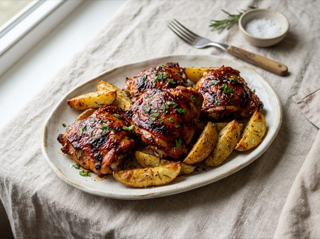 Glossy mahogany BBQ bone-in chicken thighs served alongside crisp golden potato wedges on a white platter.