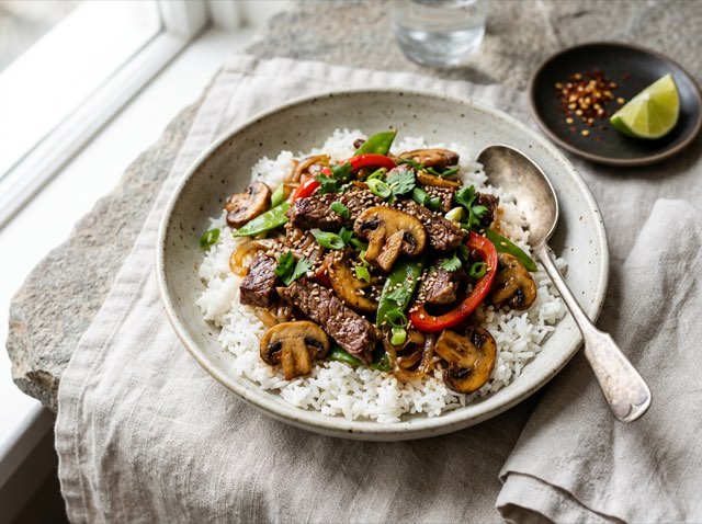 Seared sirloin steak strips and golden mushrooms coated in glossy sauce served over white jasmine rice in a bowl.