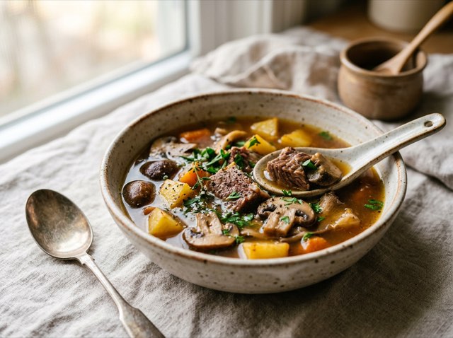 Steaming bowl of beef bone broth mushroom soup with tender stew meat, diced gold potatoes, and wild mushrooms.