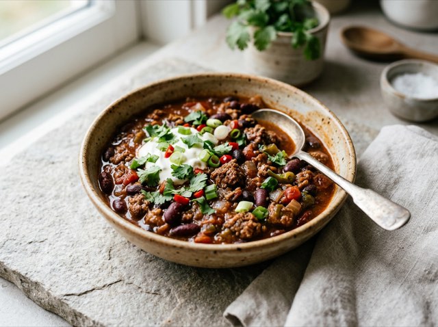 A bowl of rich ground beef chili loaded with kidney beans and black beans in a rustic ceramic bowl.