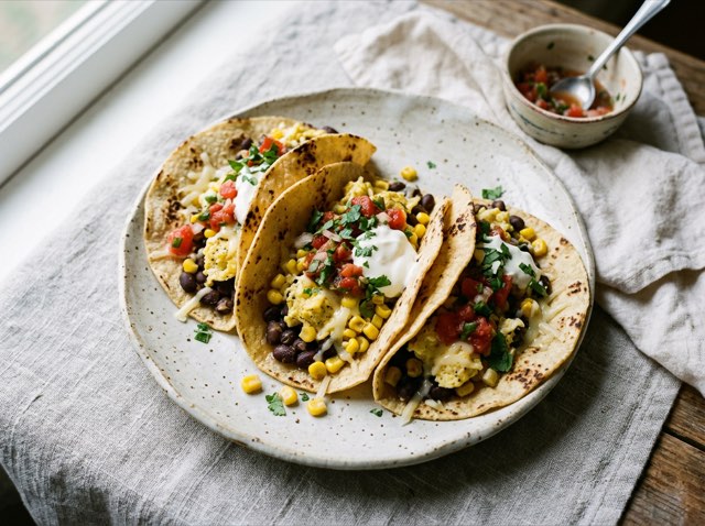 Warm sprouted tortillas filled with scrambled eggs, seasoned black beans, melted white cheddar, and salsa on a plate.