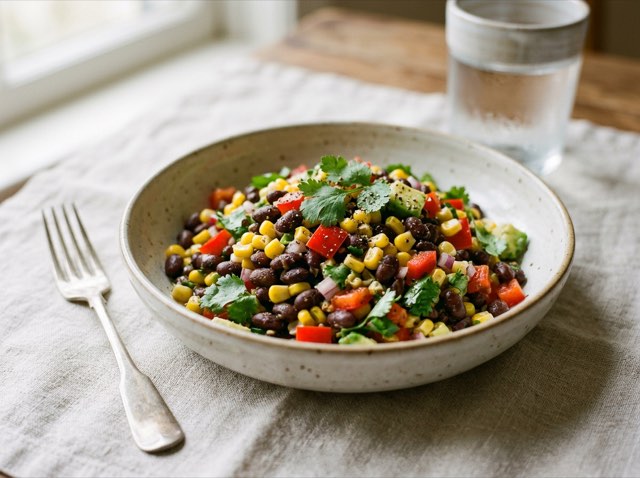 A vibrant bowl of black bean and sweet corn salad with light dressing and crisp puffed corn on a light ceramic dish.