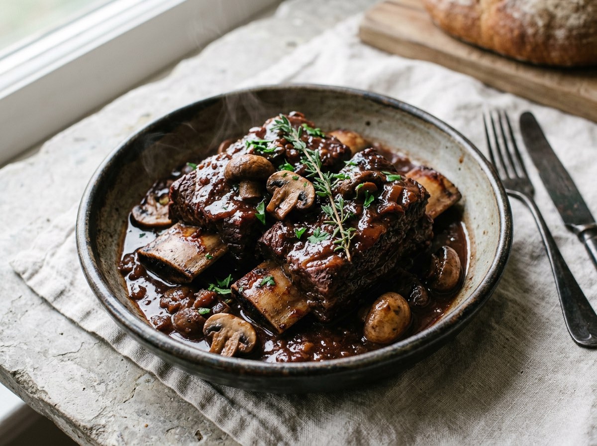 Tender braised beef short ribs garnished with mushrooms and rich sauce in a shallow ceramic dish.