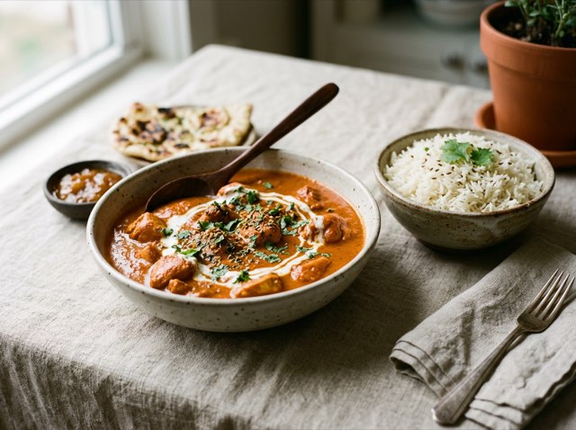 Silky butter chicken curry over fluffy basmati rice in a shallow white ceramic bowl.