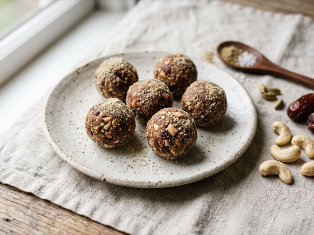 Six round cardamom date cashew energy bites coated in toasted almond flour on a speckled ceramic plate.