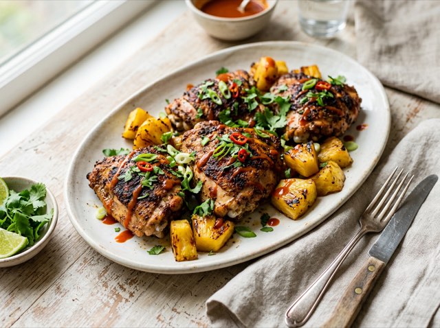 Roasted jerk chicken thighs with charred edges and caramelized pineapple chunks drizzled with hot sauce on a platter.