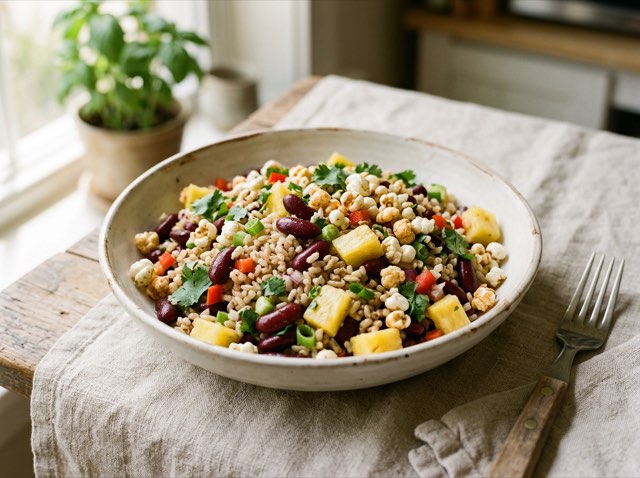 A bowl of Caribbean kidney bean and brown rice salad with diced pineapple, golden corn, and ginger dressing.