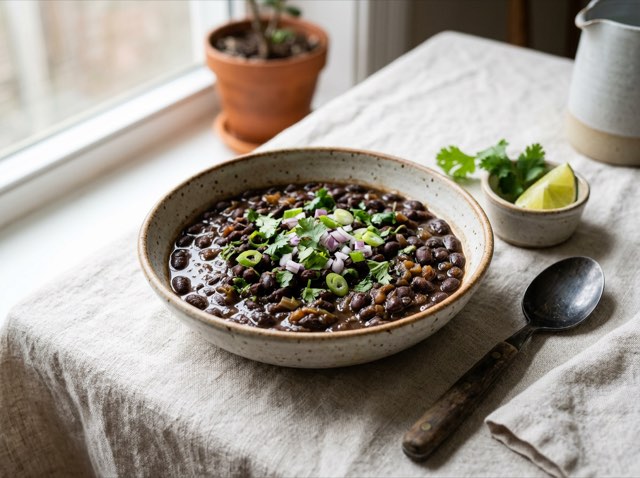 A bowl of rich, creamy Caribbean black beans in glossy coconut broth, seasoned with garlic, cumin, and herbs.