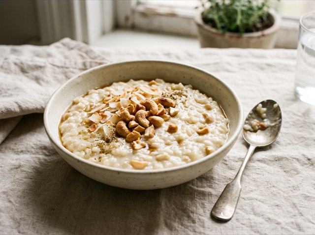 Creamy coconut rice pudding in ceramic bowls topped with golden toasted cashews and a dusting of ground ginger.