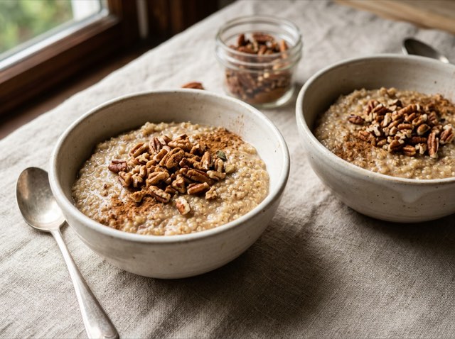 Two ceramic bowls of creamy chai-spiced quinoa porridge topped with toasted chopped pecans and ground cinnamon.