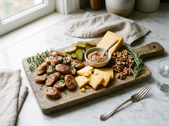 A wooden grazing board arranged with seared chicken sausage slices, sharp cheddar, pickles, walnuts, and Dijon mustard.