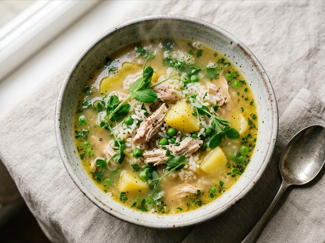 A warm bowl of chicken and white rice soup with diced potatoes in a clear broth.