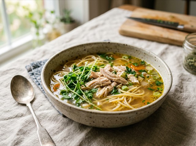 Steaming bowl of chicken bone broth noodle soup with shredded chicken breast and spaghetti.