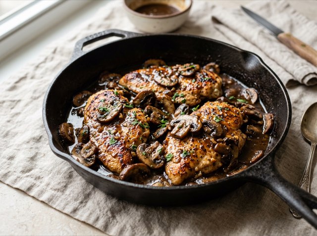 Golden chicken cutlets smothered in sliced mushrooms and a glossy balsamic reduction in a black skillet.