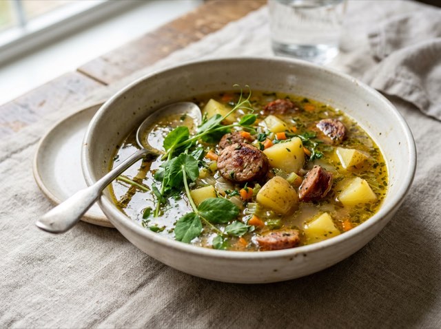 A steaming bowl of chicken sausage and gold potato soup in savory broth on a light table.