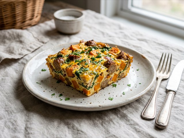 Sliced golden chicken sausage and sweet potato egg casserole in a white baking dish.