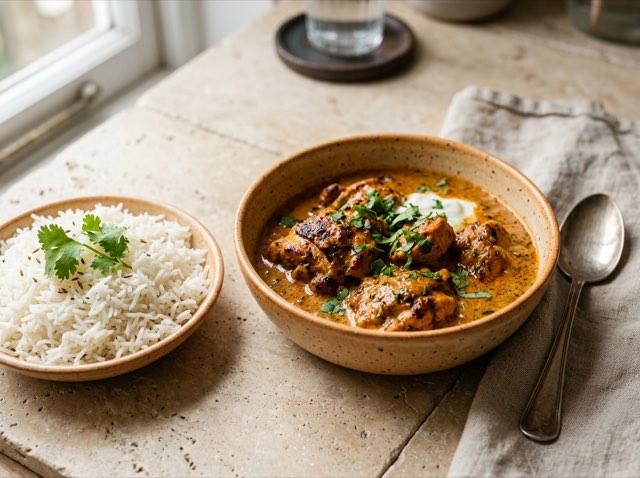 Golden spiced chicken thigh tikka masala in a creamy coconut tomato sauce plated beside fluffy white basmati rice.