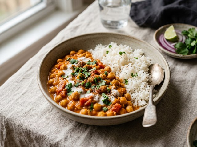 Creamy chickpea tikka masala garnished with a lemon drizzle served beside fluffy white jasmine rice in a shallow bowl.