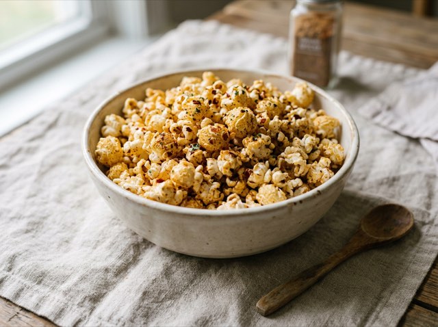 A wide ceramic bowl filled with fluffy stovetop popcorn dusted in reddish-orange chili garlic spices.
