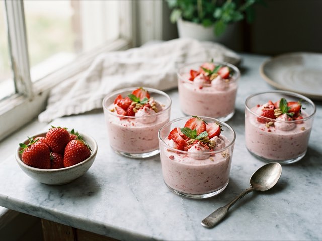 Fluffy pink strawberry Greek yogurt mousse served in glass dessert cups with a fresh strawberry garnish.