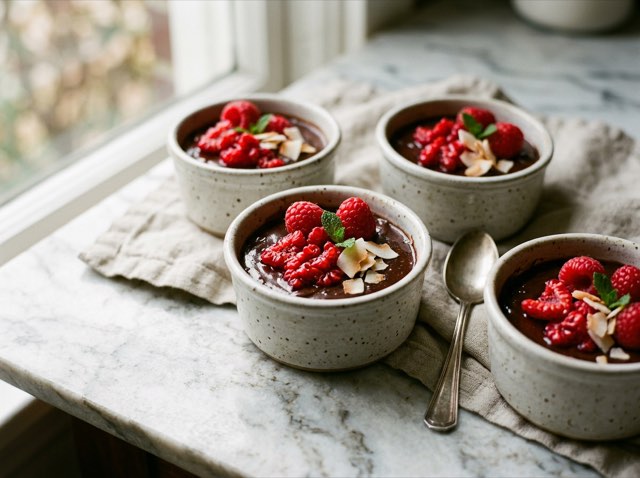 Chilled dark chocolate pots de creme in ceramic ramekins topped with crushed red raspberries on a light surface.