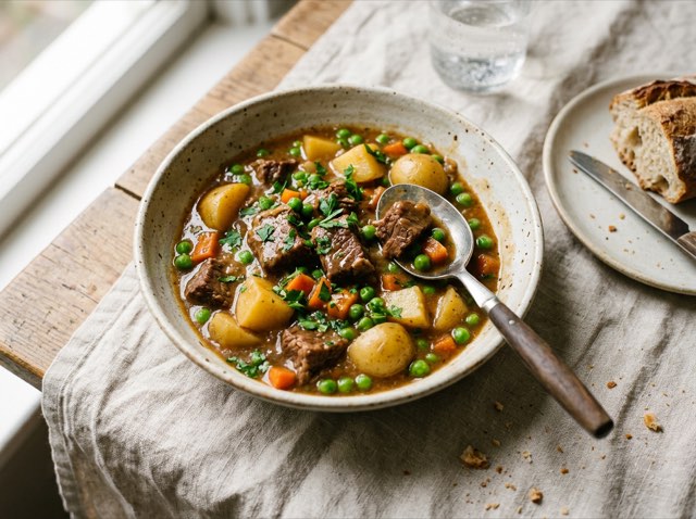 A rustic bowl of hearty beef stew with golden potatoes and tender beef in rich gravy on a neutral tabletop.