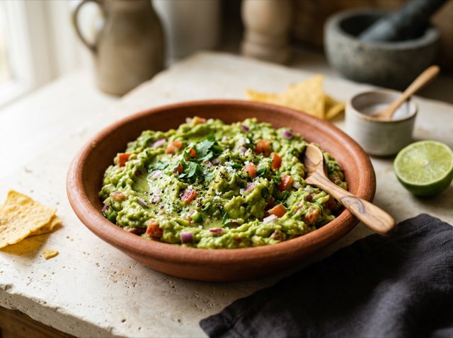 A shallow ceramic bowl of smooth, glossy Mexican avocado-oil and cherry tomato guacamole dip with black pepper.