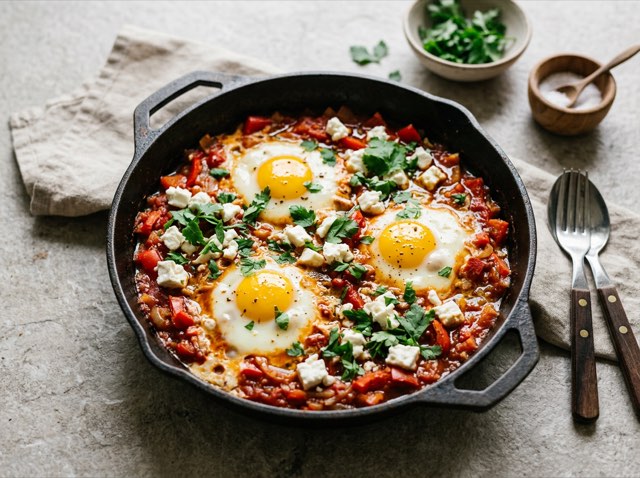 Shakshuka in a cast iron skillet with gently poached runny eggs, rich tomato sauce, and crumbled feta cheese.