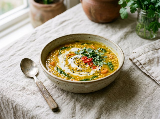 Vibrant golden coconut curry soup in a bowl with a swirl of coconut milk and cracked black pepper.
