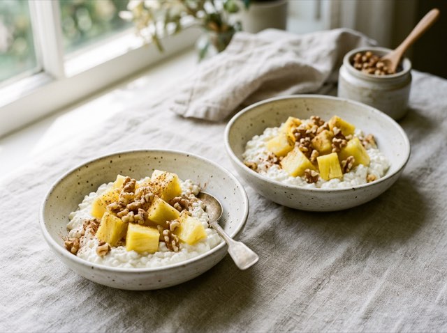 Two white bowls of whole milk cottage cheese topped with diced pineapple chunks, chopped raw walnuts, and cinnamon.