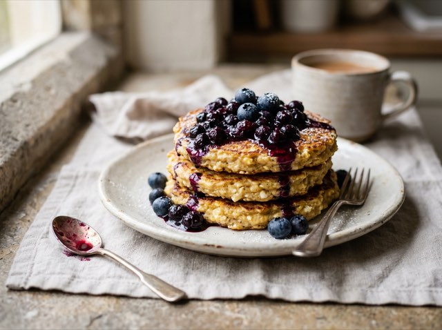 Golden cottage cheese oat pancakes stacked on a white ceramic plate and topped with warm blueberries.