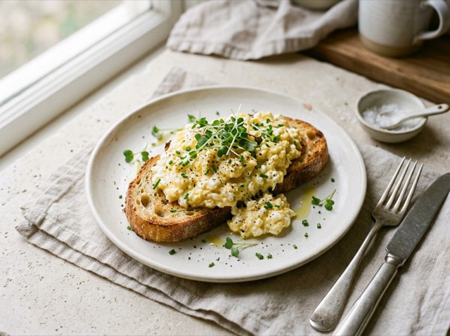 Soft scrambled eggs with cottage cheese piled over toasted sourdough bread and garnished with microgreens.
