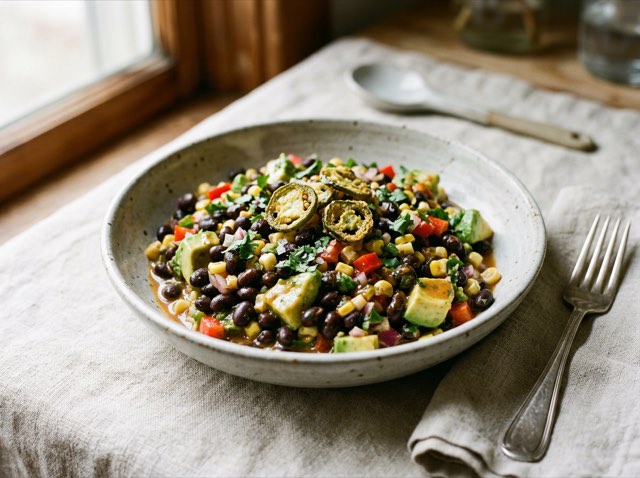 Creamy dressed black bean salad in an earthenware bowl topped with crunchy jalapeno crisps.