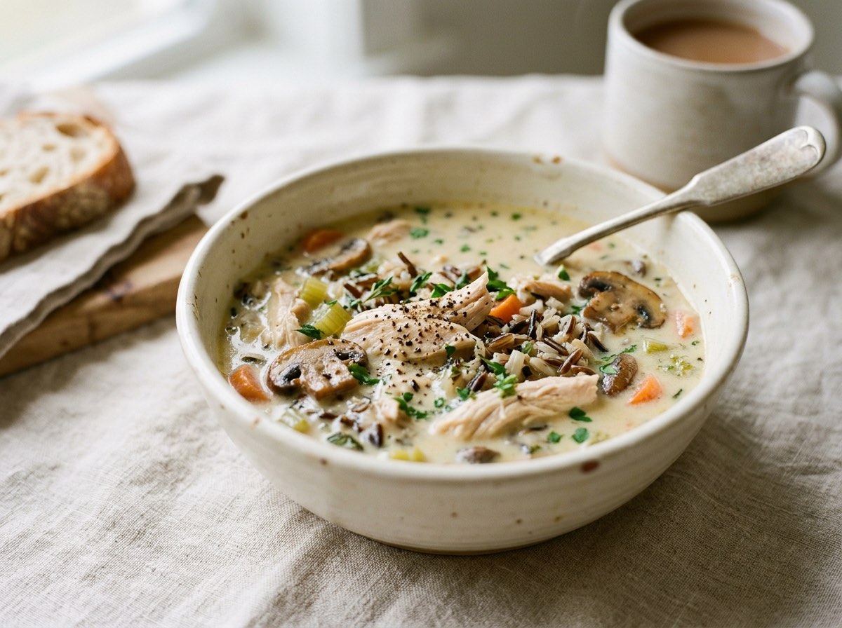 A warm ceramic bowl of creamy chicken and wild rice soup topped with sautéed mushrooms and cracked black pepper.