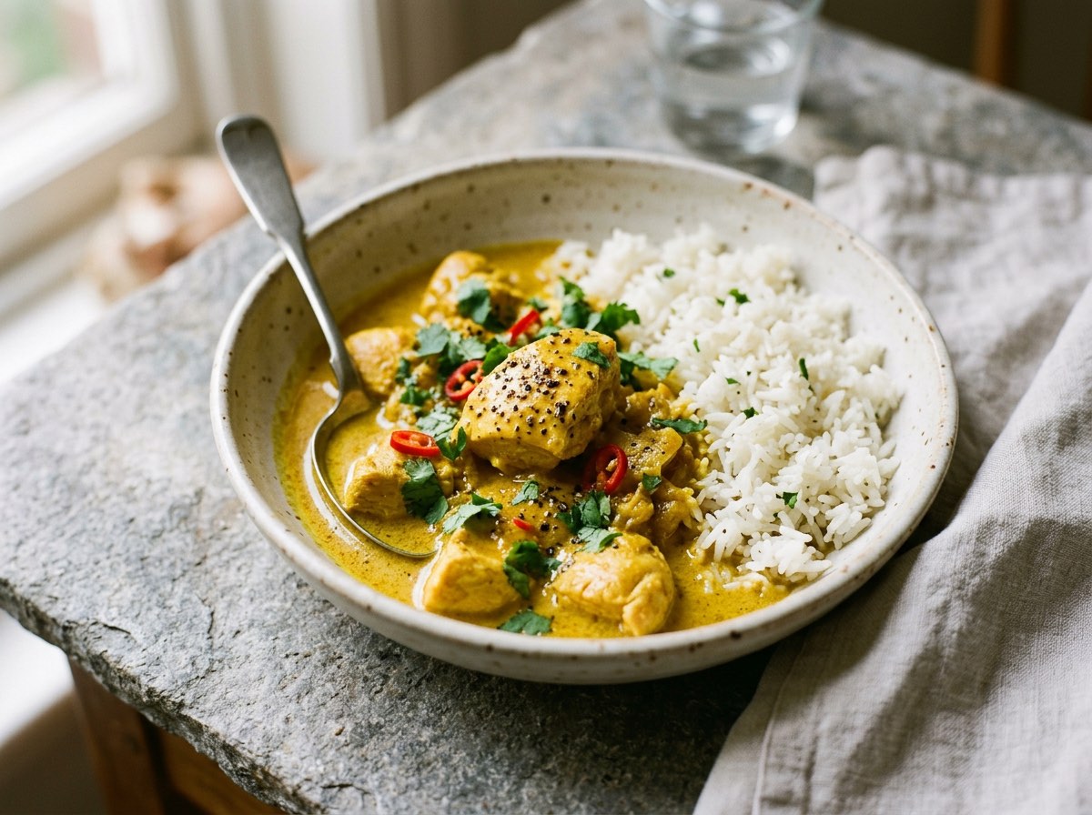 Golden coconut turmeric chicken curry spooned over steaming white jasmine rice in a shallow white bowl.