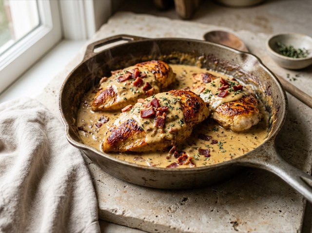 Golden seared chicken cutlets coated in a velvety dijon and sour cream sauce in a skillet garnished with fresh thyme.