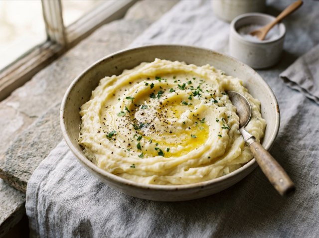Silky garlic mashed potatoes in a shallow ceramic bowl topped with melted butter and fresh black pepper.