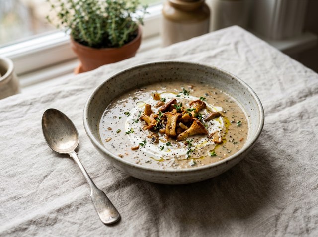 Creamy mushroom soup in a ceramic bowl garnished with sautéed mushrooms, thyme, and cracked black pepper.
