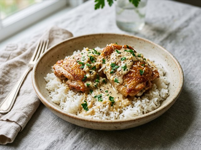 Golden seared chicken thighs smothered in garlic parmesan cream sauce served with white jasmine rice.