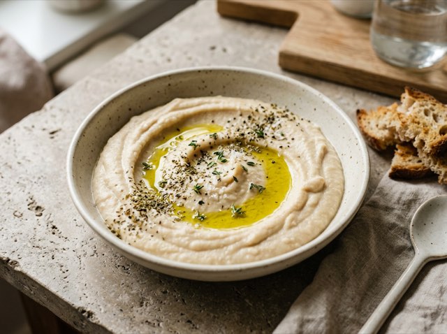 Creamy white bean dip swirled in a shallow ceramic bowl, drizzled with olive oil and dusted with dried oregano.