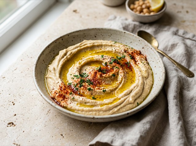 Creamy swirled tahini hummus in a ceramic bowl topped with extra virgin olive oil and a pinch of ground paprika.