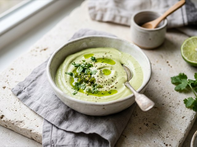 Silky pale green-tinted crema drizzled with avocado oil in a low white ceramic bowl on a light surface.